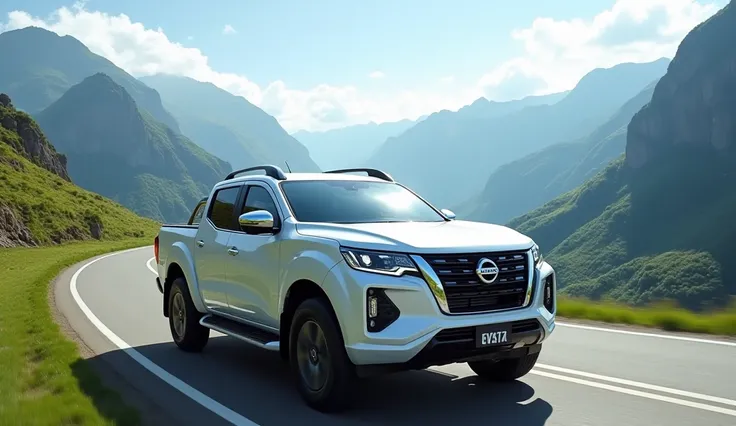 "A luxurious white Nissan Navara pick up track 2025 driving on a scenic mountain road, surrounded by lush green valleys and towering peaks. The car looks sleek, elegant, and futuristic, featuring its signature grille and aerodynamic design. The background ...