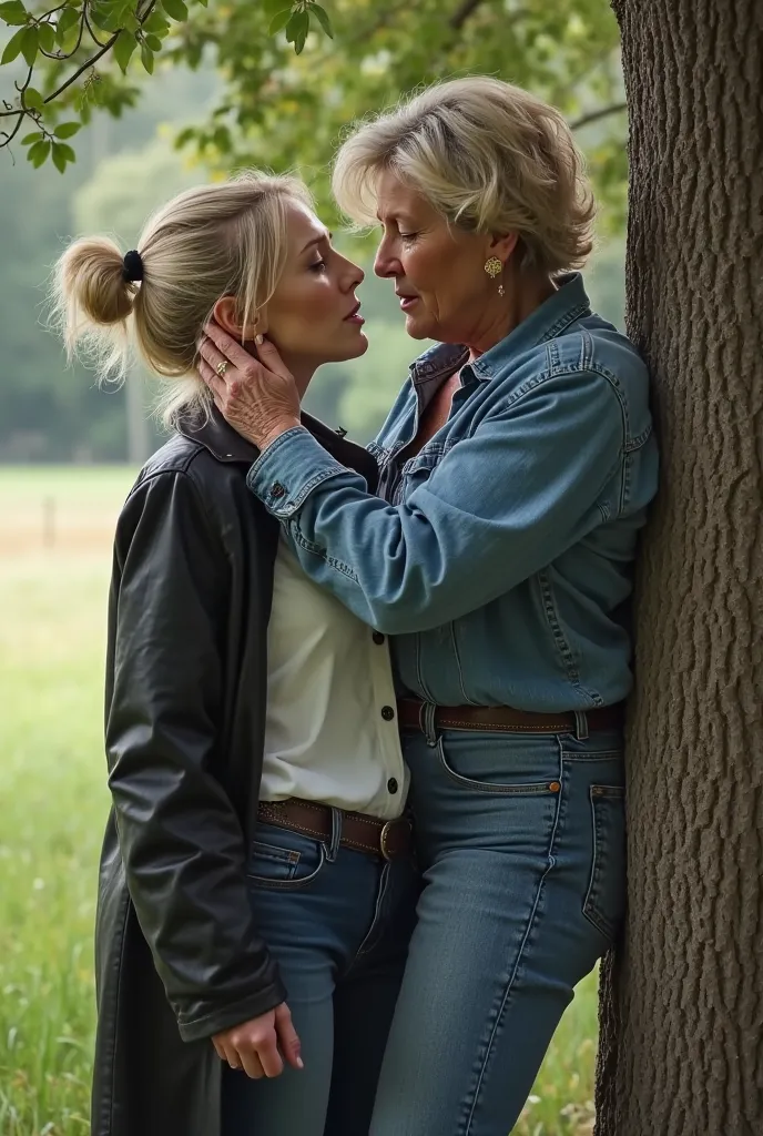  A country scene where the owner of a farm is a 65-year-old woman , tall and overweight of 1 .87 with a big muscular back and muscular biceps strangles a younger woman. The owner of the farm wears cowboy boots, jeans,  shirt of Denim and tight jeans and sh...