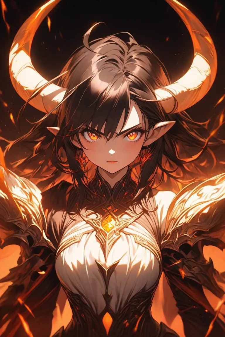 An anime-style illustration of a female demon with large, curved ram horns and long, flowing black hair. Her glowing orange eyes. She wears a fantasy-inspired outfit with armored elements, dark fabrics, and intricate metallic details, reinforcing her warri...