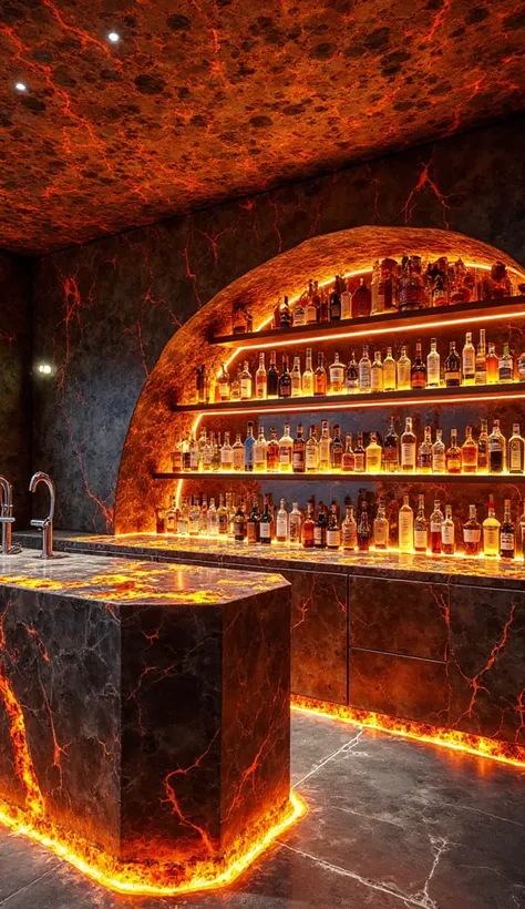 A futuristic mini bar in a 200-square-meter house made of molten lava material. The walls are solidified volcanic rock with glowing lava veins, casting a fiery, amber glow. The bar counter is polished obsidian with molten lava edges, radiating warmth. Shel...