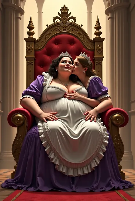 Fantasy, throne, throne room, 2 women,  1 obese woman, ssbbw, 1 slim woman, fat woman princess, fat woman sits on throne, princess, giantess, size difference, slim woman dressed as maid, hugging, kissing,