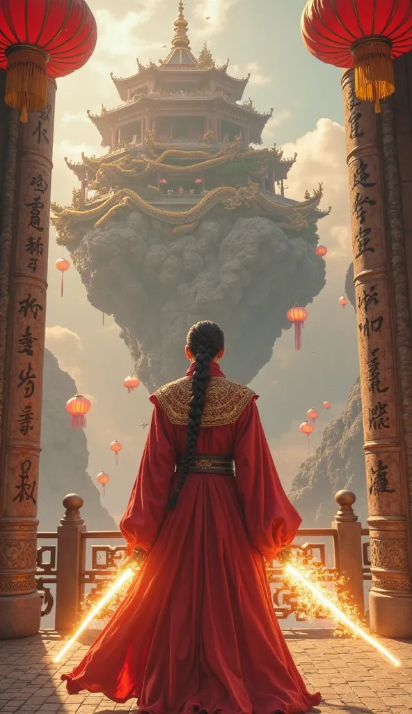 Create an ultra-realistic Jedi representing China, standing beneath a colossal temple floating in the sky, adorned with golden dragons coiling around its spires. Their flowing crimson robes are lined with intricate golden embroidery, glowing softly with th...