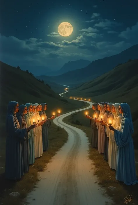 Ten virgins on a night road with oil lamps. Five are quiet with lamps on, while the other five run desperately to the other side with the lamps turned off