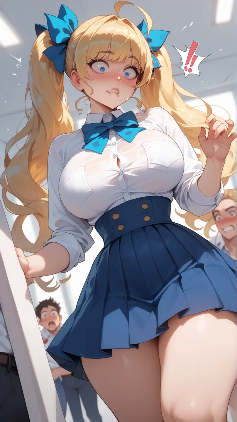 score_9, score_8_arriba, score_7_ 1,  a blonde girl  (pigtails with blue bows),  white shirt ( talleed ), blue skirt, long hair,  breasts, blush, throw, big ass, big breast, wasp waist with wide hips, high resolution, With a surprised face biting his lower...