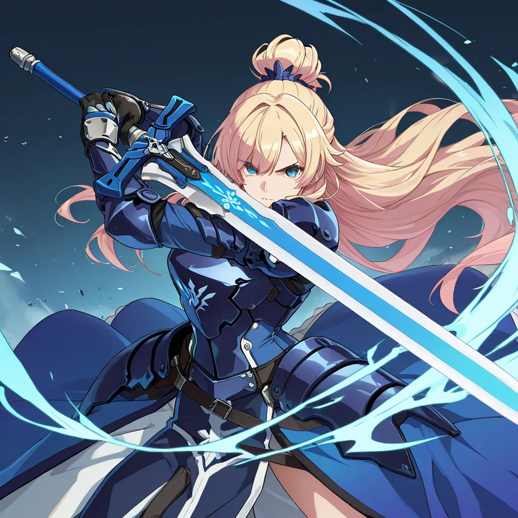 Anime, high detailed, extreme, masterpiece, 4K, 1 girl, girl Knight in a shiny-Azure light-armor, holding a saber sword, Battle stance, very Long hair tied on a large topknot,big bosom,  buxom, serious (determined)