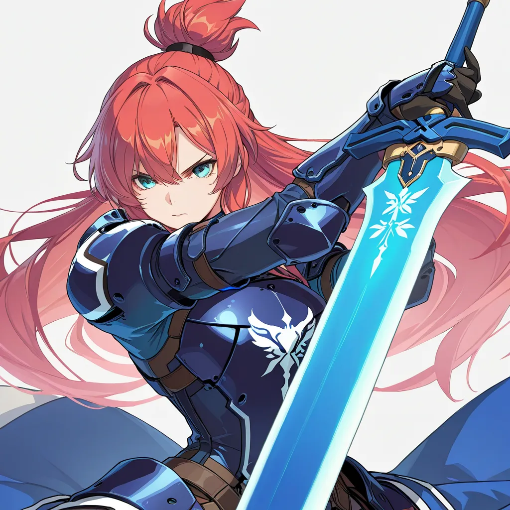 Anime, high detailed, extreme, masterpiece, 4K, 1 girl, girl Knight in a shiny-Azure light-armor, holding a saber sword, Battle stance, very Long hair tied on a large topknot,big bosom,  buxom, serious (determined)