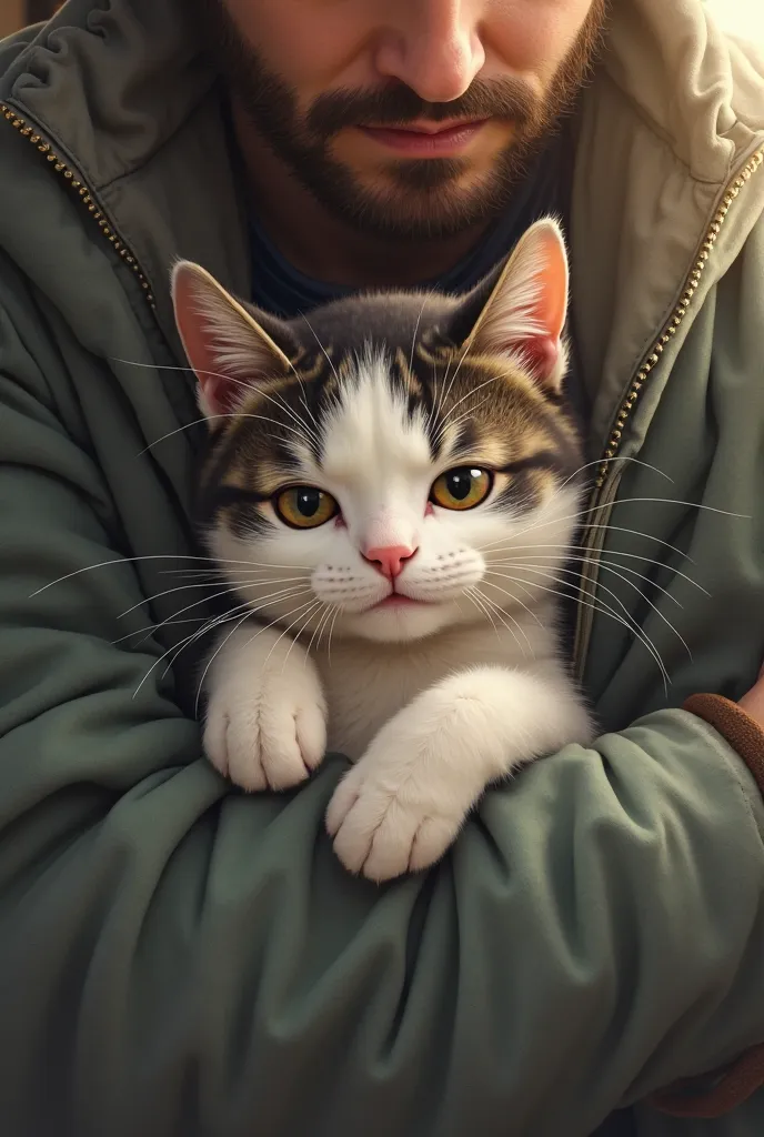 A white and black tabby cat with large eyes and a slightly plump face lying down in a man's jacket, looking sleepy