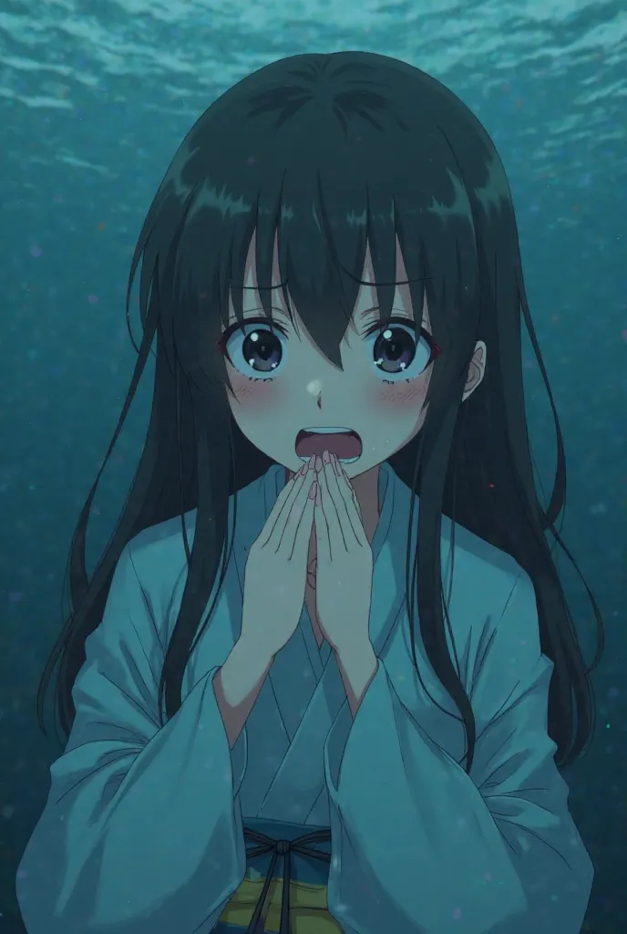  a girl with long black hair , black eyes and white pupils, almost pale and slightly blushed skin, a light blue kimono with very long sleeves, with a frightened expression as she cries, Scene while at the bottom of the water.