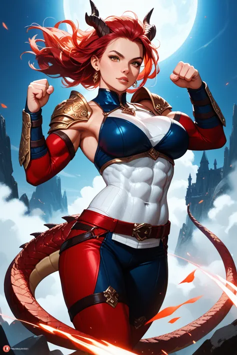 Please grow a dragon's tail on a red-haired, muscular older sister with big boobs