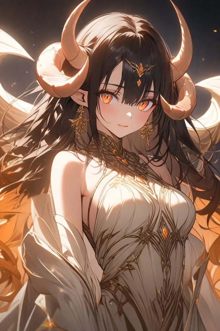 a female demon with large, curved ram horns and long, flowing black hair. Her eyes glow with a warm orange hue, exuding a mystical yet gentle aura. She wears an elegant fantasy-inspired outfit with intricate details, blending soft fabrics and metallic acce...