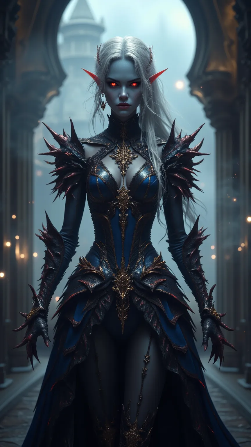 「Standing against the dark cloister of a luxurious castle in the background、A furious and threatening Japanese girl。have bluish skin and long silver hair、dark elf-like appearance featuring sharp ears and red eyes。wear a black and blue gothic armor dress wi...