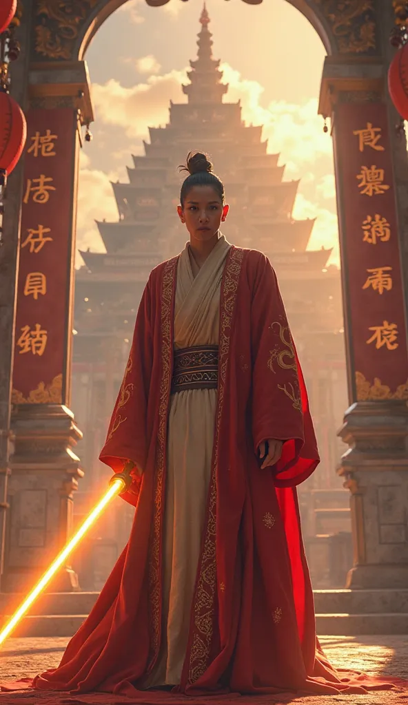 Create an ultra-realistic Jedi representing China looking at the camera of the image, standing beneath a colossal temple floating in the sky, adorned with golden dragons coiling around its spires. Their flowing crimson robes are lined with intricate golden...