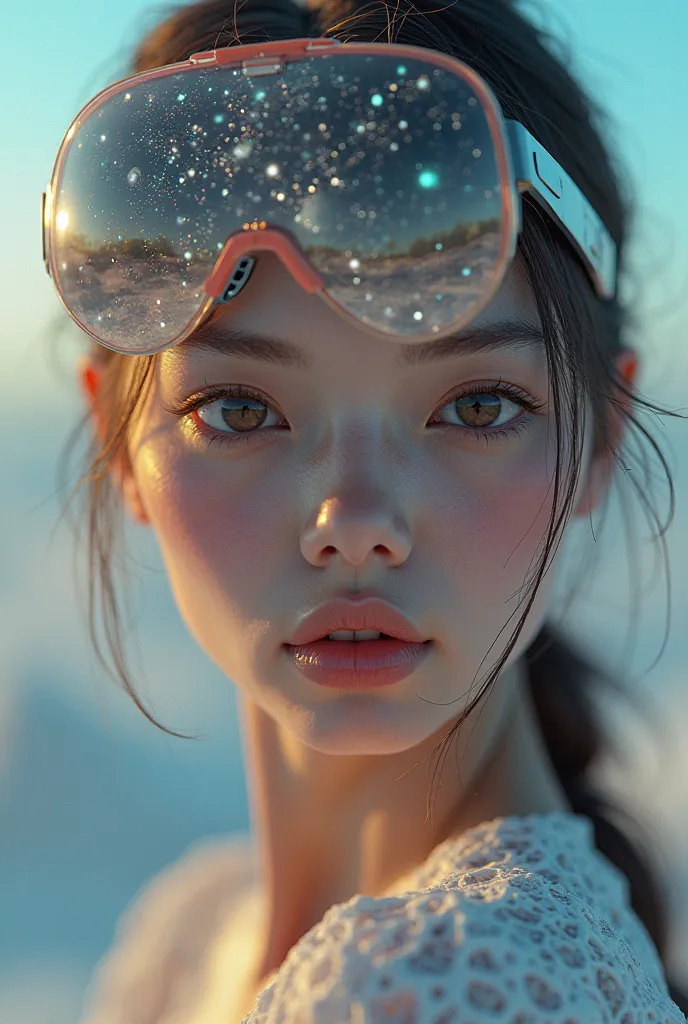 The model is wearing glass sunglasses with stars and the moon on the glass