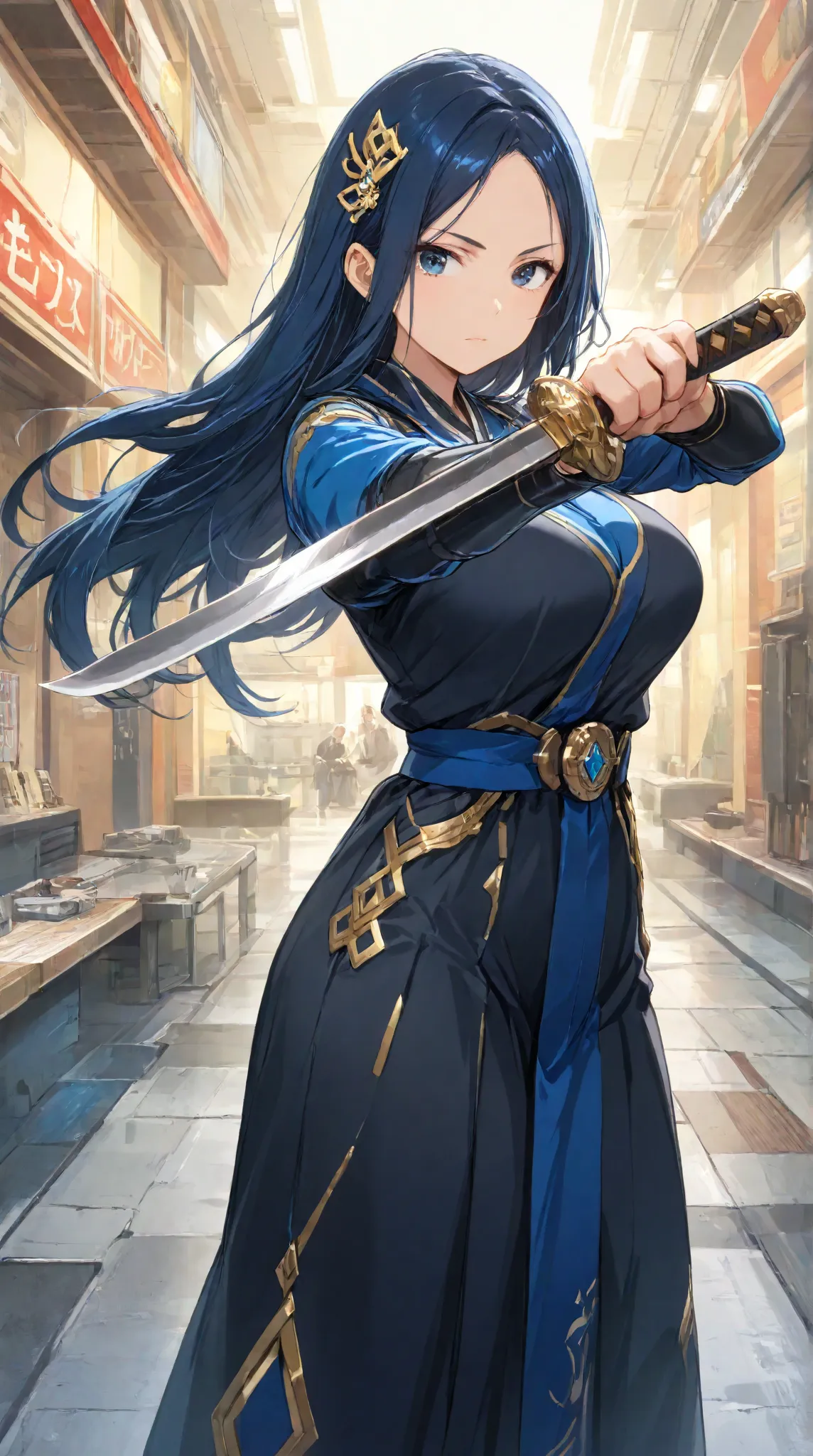 masterpiece,large breasts, long hair, (black hair1.5) , bangs, （1girl1.5）, Blue hairs ornament, 18 years old、breast focus、looking at viewer，full body，　dual-wield stance with blades crossed、saber