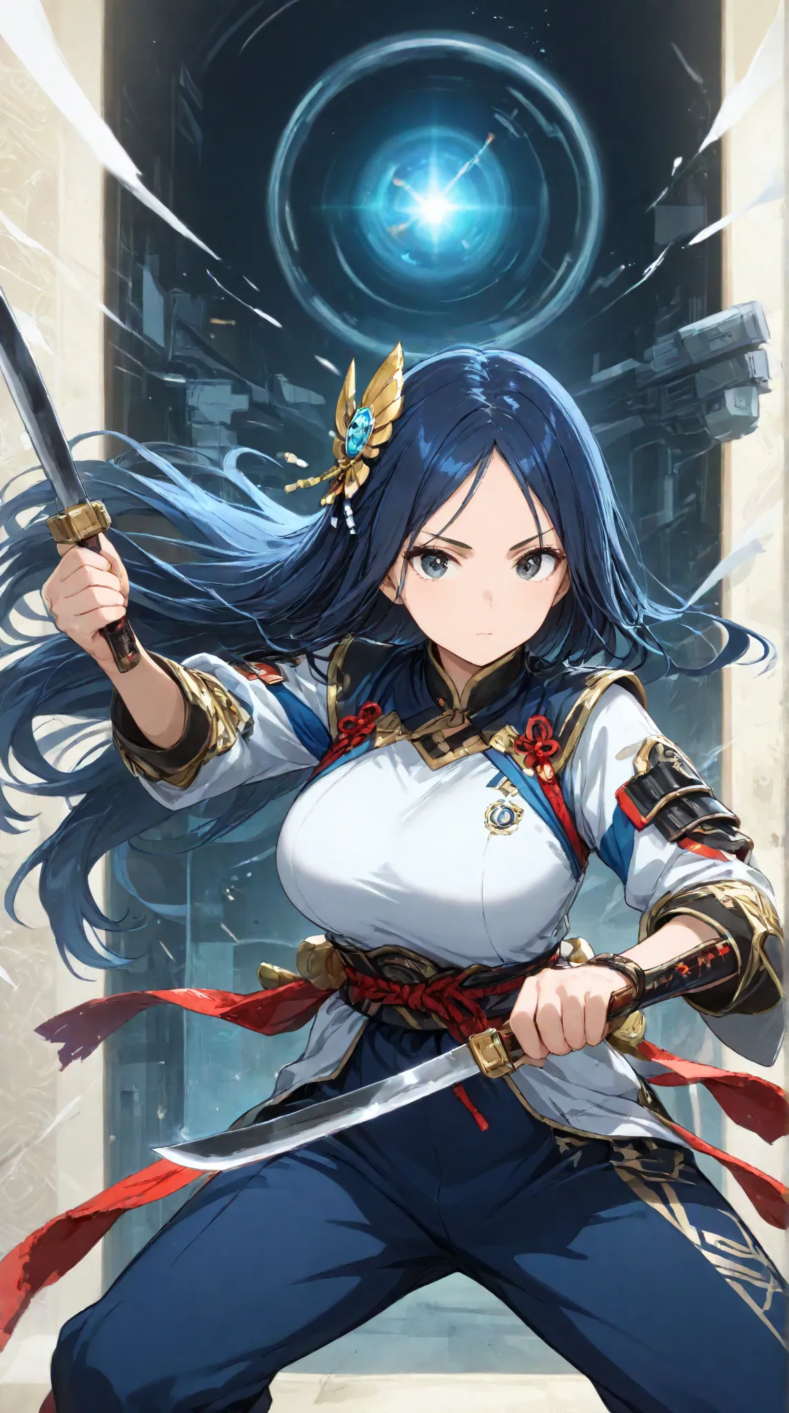 masterpiece,large breasts, long hair, (black hair1.5) , bangs, （1girl1.5）, Blue hairs ornament, 18 years old、breast focus、looking at viewer，full body，　dual-wield stance with blades crossed、saber