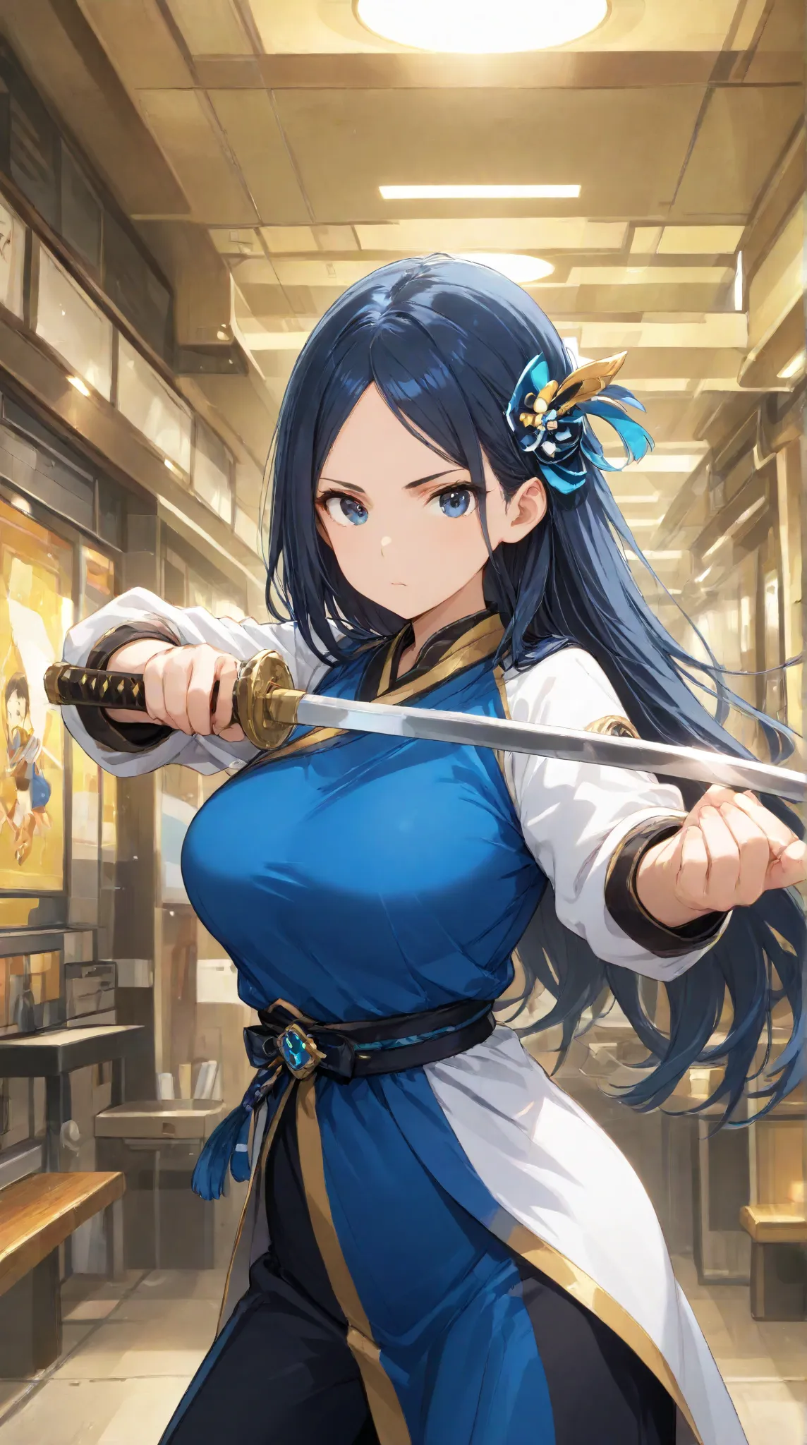 masterpiece,large breasts, long hair, (black hair1.5) , bangs, （1girl1.5）, Blue hairs ornament, 18 years old、breast focus、looking at viewer，full body，　dual-wield stance with blades crossed、saber