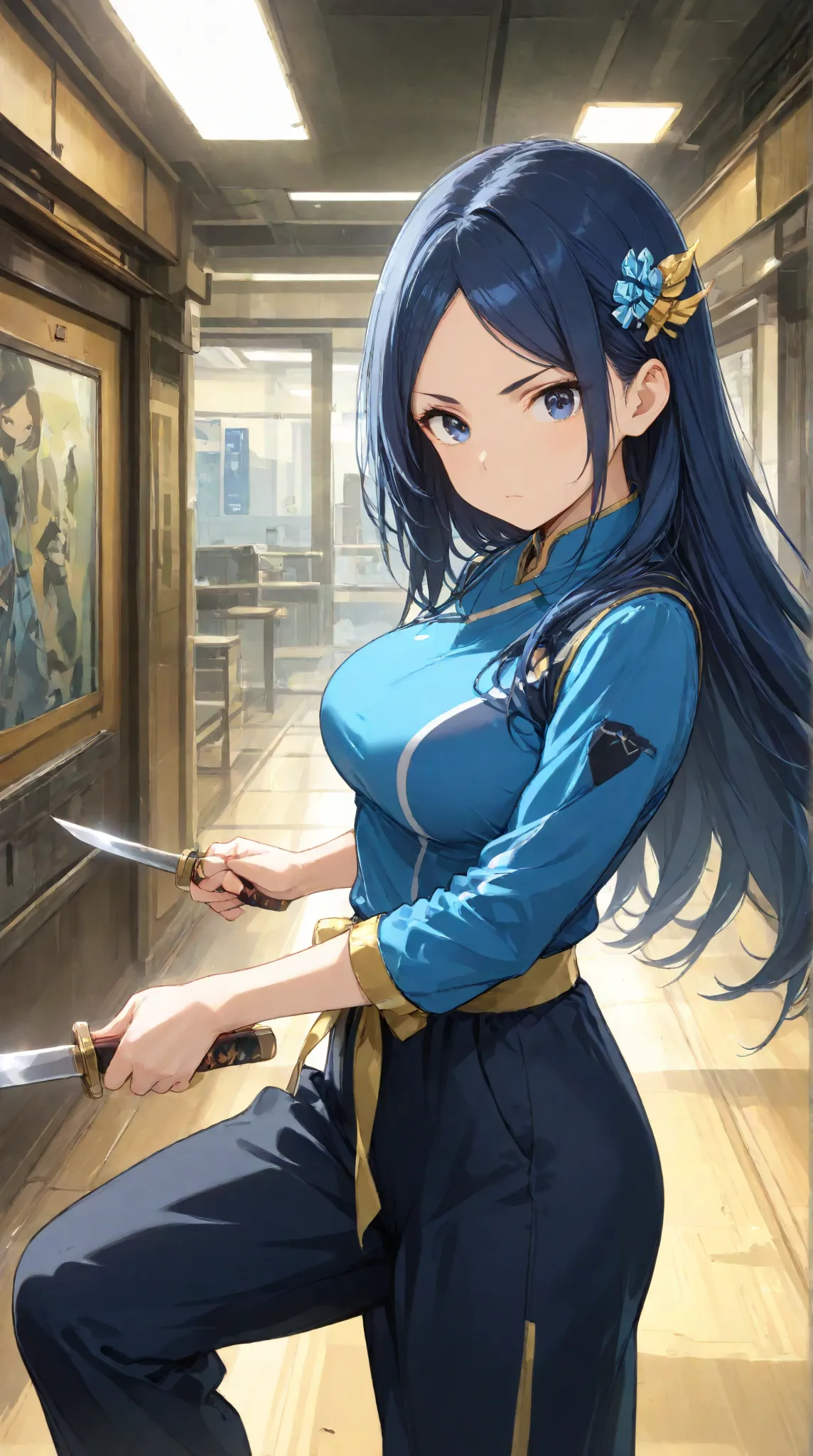 masterpiece,large breasts, long hair, (black hair1.5) , bangs, （1girl1.5）, Blue hairs ornament, 18 years old、breast focus、looking at viewer，full body，　dual-wield stance with blades crossed、saber