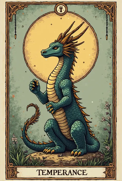 

"You can create a Tarot card for me? I want a letter from a standing dragon, meditating and trying to maintain balance, Representing the temperance card from the tarot. The card must be bottomless, just the illustration design."


