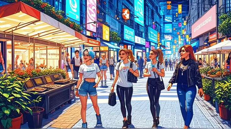 "Create a vibrant scene at a busy intersection filled with people wearing sleek, shiny, smooth-textured clothing. The outfits should be colorful and futuristic, reflecting a lively atmosphere. People of various ages and styles are interacting, crossing the...