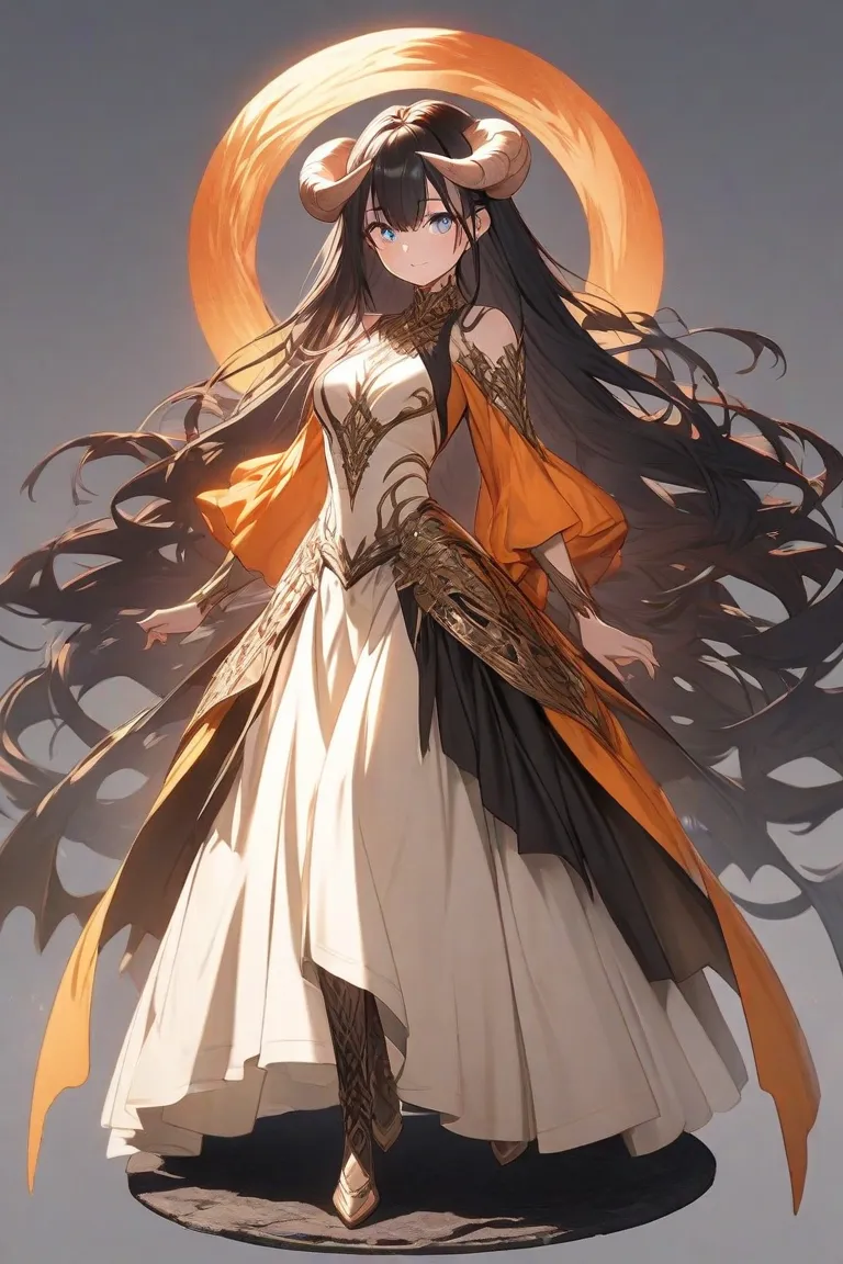 a female demon with large, curved ram horns and long, flowing black hair. Her eyes glow with a warm orange hue, exuding a mystical yet gentle aura. She wears an elegant fantasy-inspired outfit with intricate details, blending soft fabrics and metallic acce...