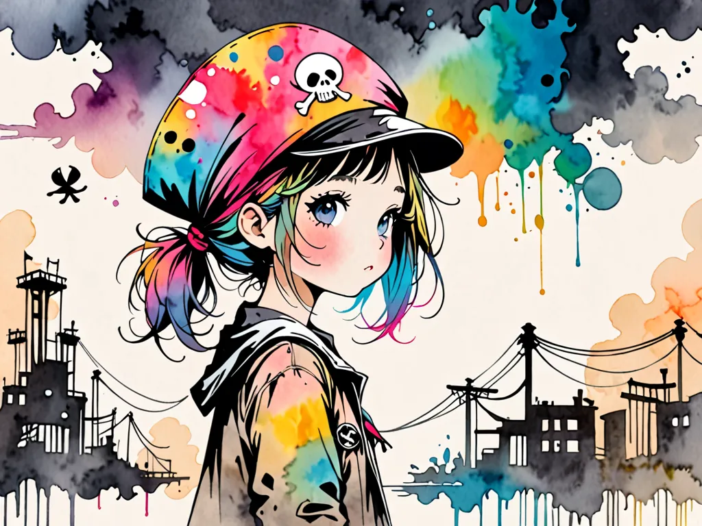  hyperrealism, Simple Line Acronym，Abstract art，Banksy Style , Kawaii design , Pirate Girl,  watercolor