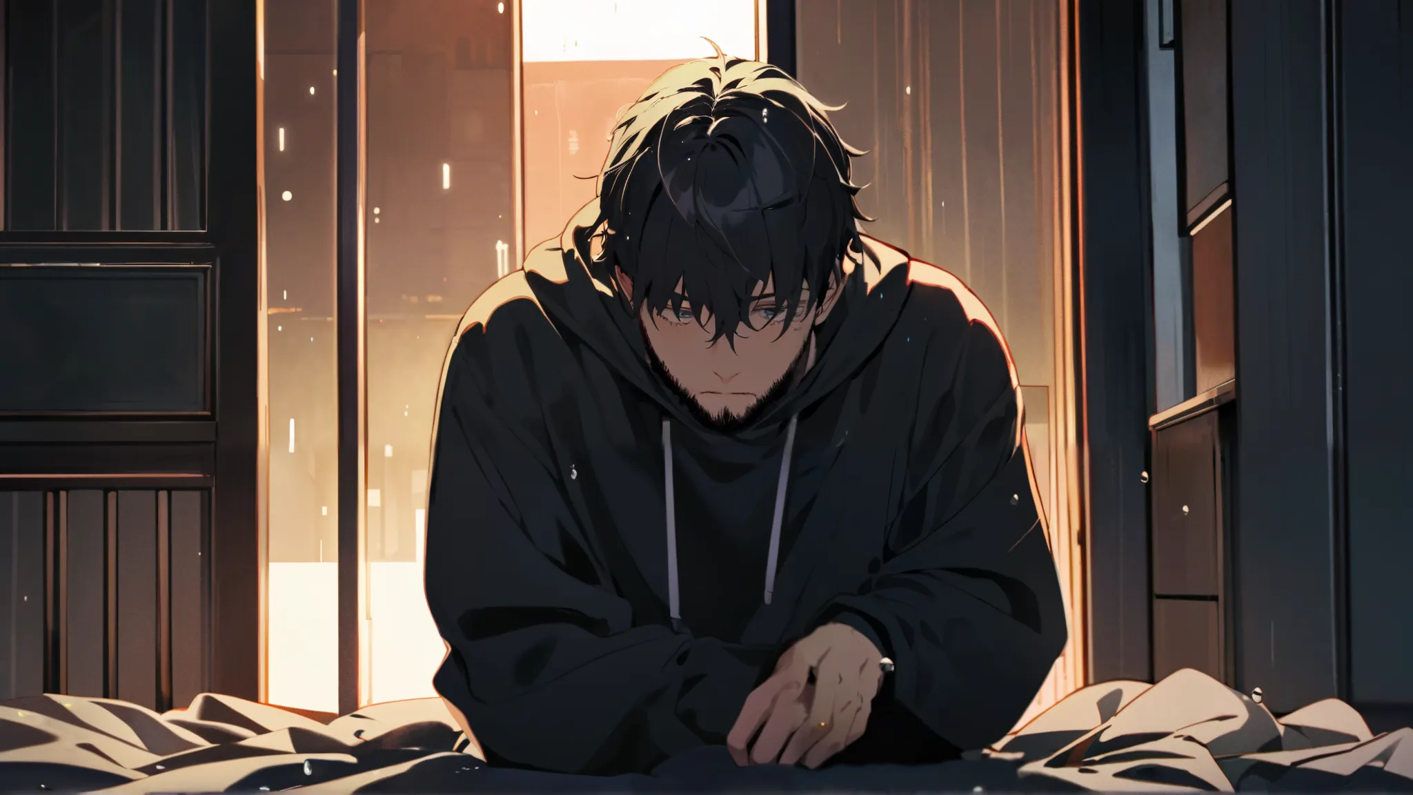 A dejected-looking young man, with a beard and tired eyes, sitting on the floor of an apartment,lying in bed thoughtful,In the room all messy crying. He wears a dark sweatshirt and faces the void with a sad look.  The lighting is weak , coming only from th...