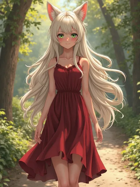 A blond woman with white hair, green eyes,  cat ear,  wine red dress , walking in the direction of the camera. Anatomically Correct, best quality, detail, Awarded multiple times, Animal Ears, Long hair, High resolution,  Cat ears, 