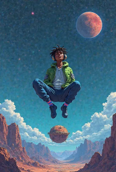 A black anime , with short dreadlocks hair, wearing a green jacket, blue trousers, blue socks and pam, floating on top of a small planet, using headset 