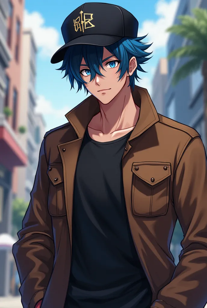   Anime adult with black hair and blue locks and with brown jacket and jeans , Blue eyes and 29 years old with a cap 