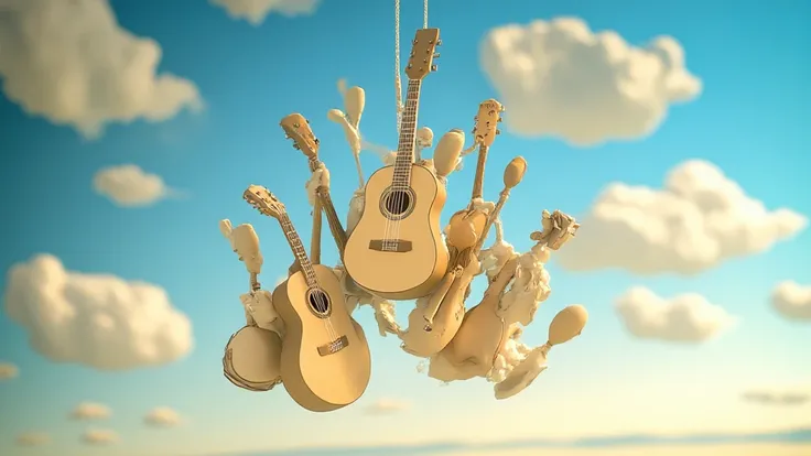 typical Spanish musical instruments floating on a neutral bluish background with clouds