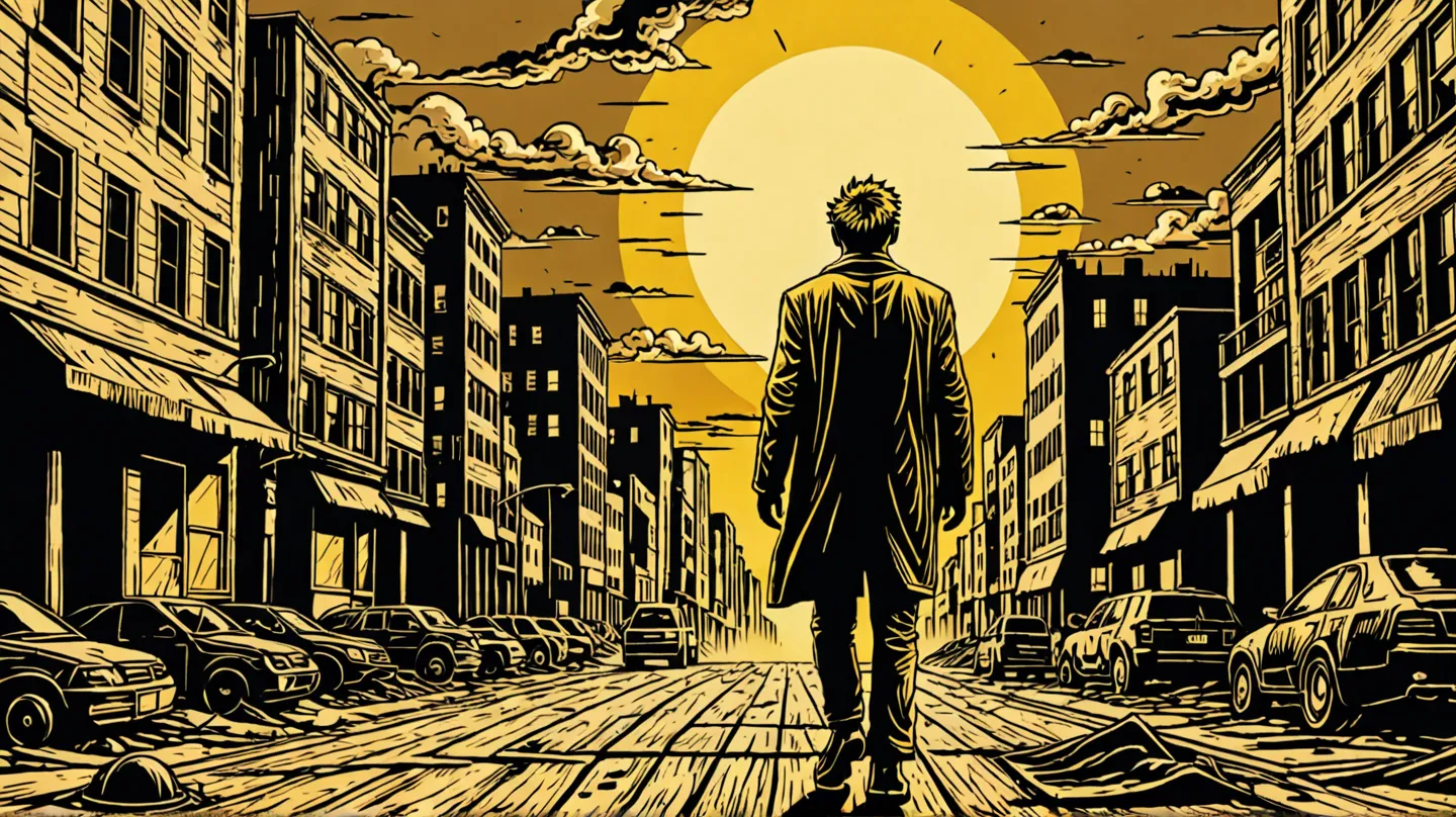 Create a rustic woodcut style image digital art surreal, using only black, beige, and yellow colors.

Arafad image of a man walking on a city street, Armageddon background, apocalyptic war scenario, Doomsday scenario, apocalyptic atmosphere, apocalyptic ar...