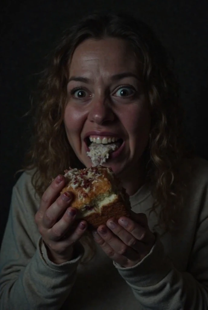 Person in a very dark background, with barely any light. Has a disturbing look and a smile full of food. You are eating a cake with both hands and it's all very disgusting. The whole image is tilted slightly to the right.