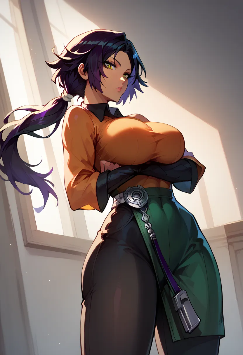 fubuki (one-punch man) black hair, short hair, tight green dress, long sleeves, collared dress, green eyes, perfect large breasts, view from below, sexy pose, dynamic angle Break, perfect lighting, shadows, yoruichi shihouin, long hair, yellow eyes, ponyta...