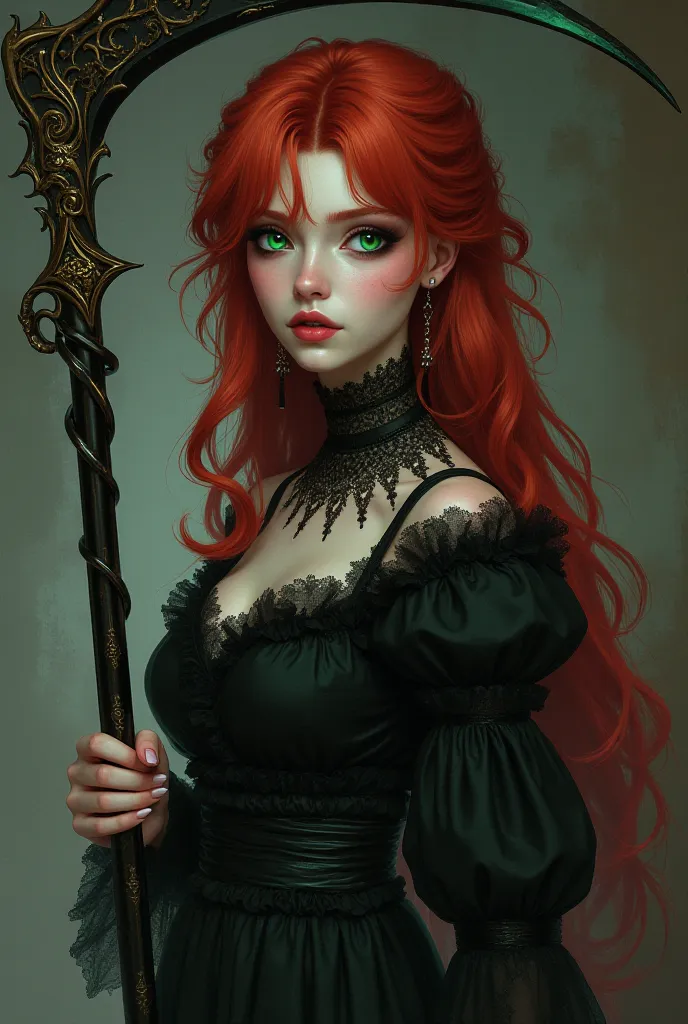  Red-haired woman, green eyes,  elegant, Russian witch, pale skin,  pink lips, use a scythe, lethal looking , flirty smile, Anime 2.0, realistic 