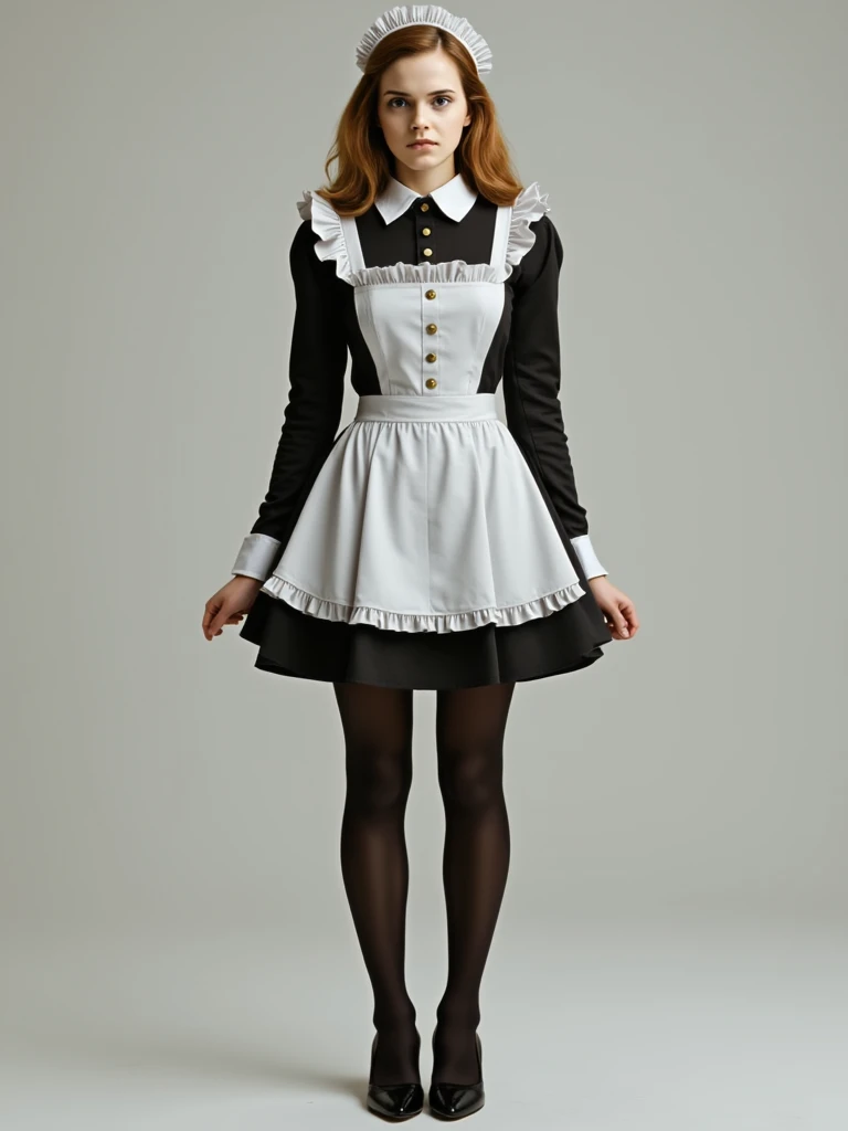 Head to toe picture of hermion granger.wearing maid costume.high heels.sheer black pantyhose.standing in pro figure.front view.