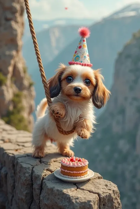 Make an image of a mini dachshund puppy with long white and brown fur wearing a party hat, The dog is hanging on a rope on a precipice and has a cake on its side