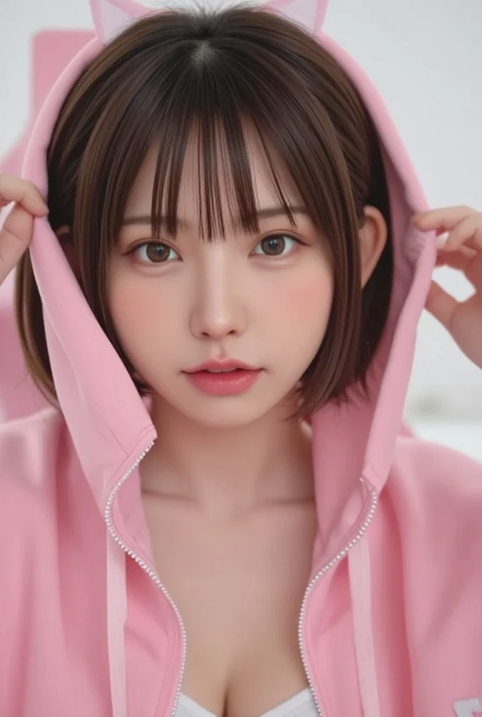  streamer sitting in a pink gaming chair 、full bodyポートレート、  at random angles 、(( opens the hoodie with both hands、It shows me beautiful breasts))、slender, The small-breasted model ,   short hair, very   short hair, 超Hi-Res, masterpiece, anatomically accura...