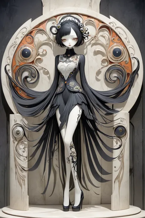 (masterpiece、Highest quality)、Super Detail、maximum detail、Tim Burton style、Restrained girl、layered sculpture 、body horror、Avant-garde、concept art、Mysterious and beautiful、Fantasy、art nouveau、Art Deco、Layered Cut Art、stylish、stylish、