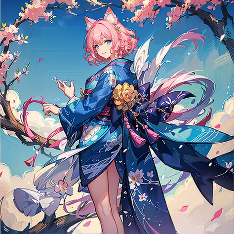 1 girl, (Sketches), (close), (Pink Cheeks), (Cute cat ears), light blue hair, smile, hair ornament, (Short Curly Hair:1.4), (Blue eyes), (Big Hair) , japanese kimono, (More about the Strand), (flowers Background)