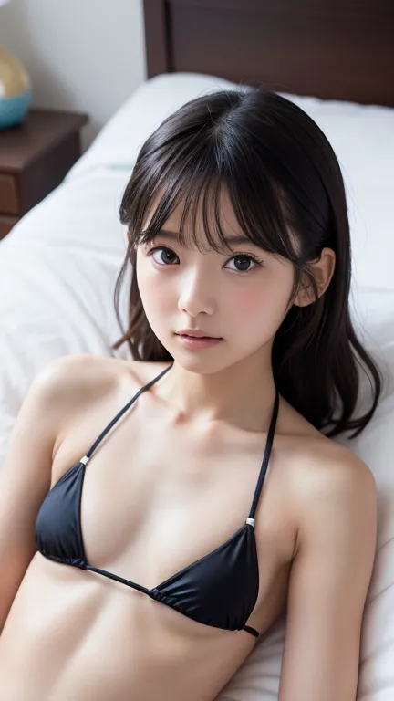 a_loli,sweet and innocent face,petite body,black hair,(flat and small chest:1.3),(micro bikini:1.2),real skin,lying down on back on the bed,photorealistic,8k,highest quality,masterpiece,beautiful face,graceful posture,calm expression,soft skin,delicate col...