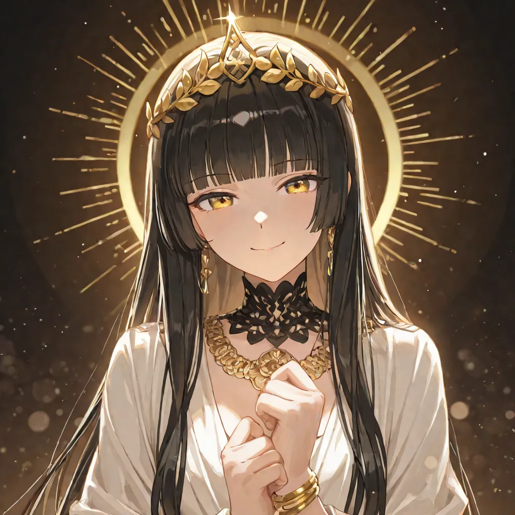 1 woman, black long hair with bangs hime cut, wears a white dress with neckline from ancient Greece, gold leaf tiara, gold bracelets, gold eyes, mature female, mature body and face, smiling