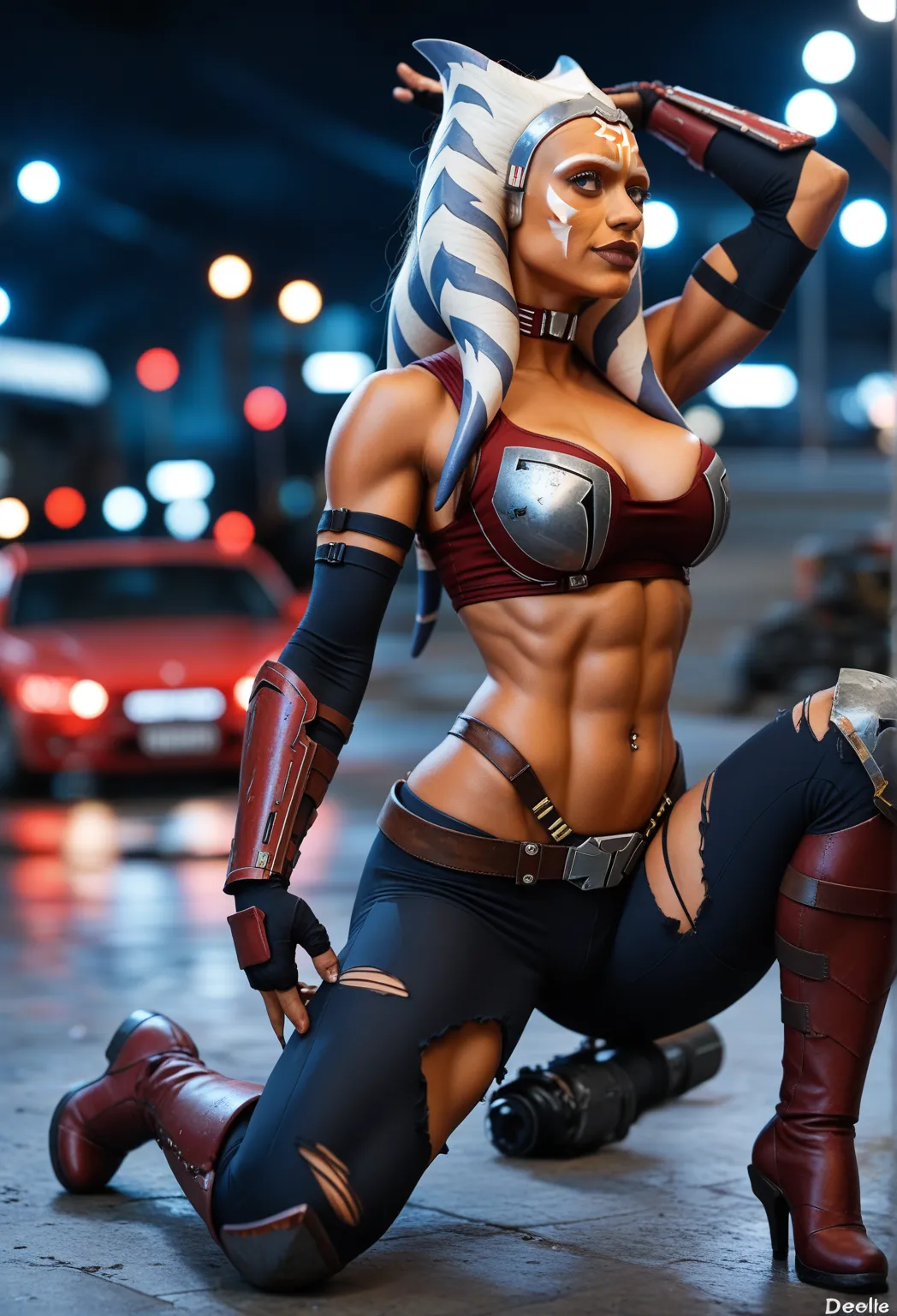 A girl ,Ahsoka Tano, full portrait  , film shooting, Enemy location,  Posing very proud of combat, portrait of Evlie , 18 years old,  muscular body , Robust features, very curvy breasts, black half-sleeve armor, Light , Ripped , rout,  tight black pants , ...