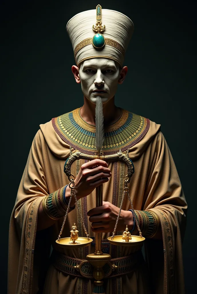 A mystical and enigmatic Egyptian figure, dressed in a robe and turban adorned with gold jewels and turquoise ornamental details, representing an ancient divine judge,His face is partially covered by bandages, leaving only a piercing gaze visible,He holds ...