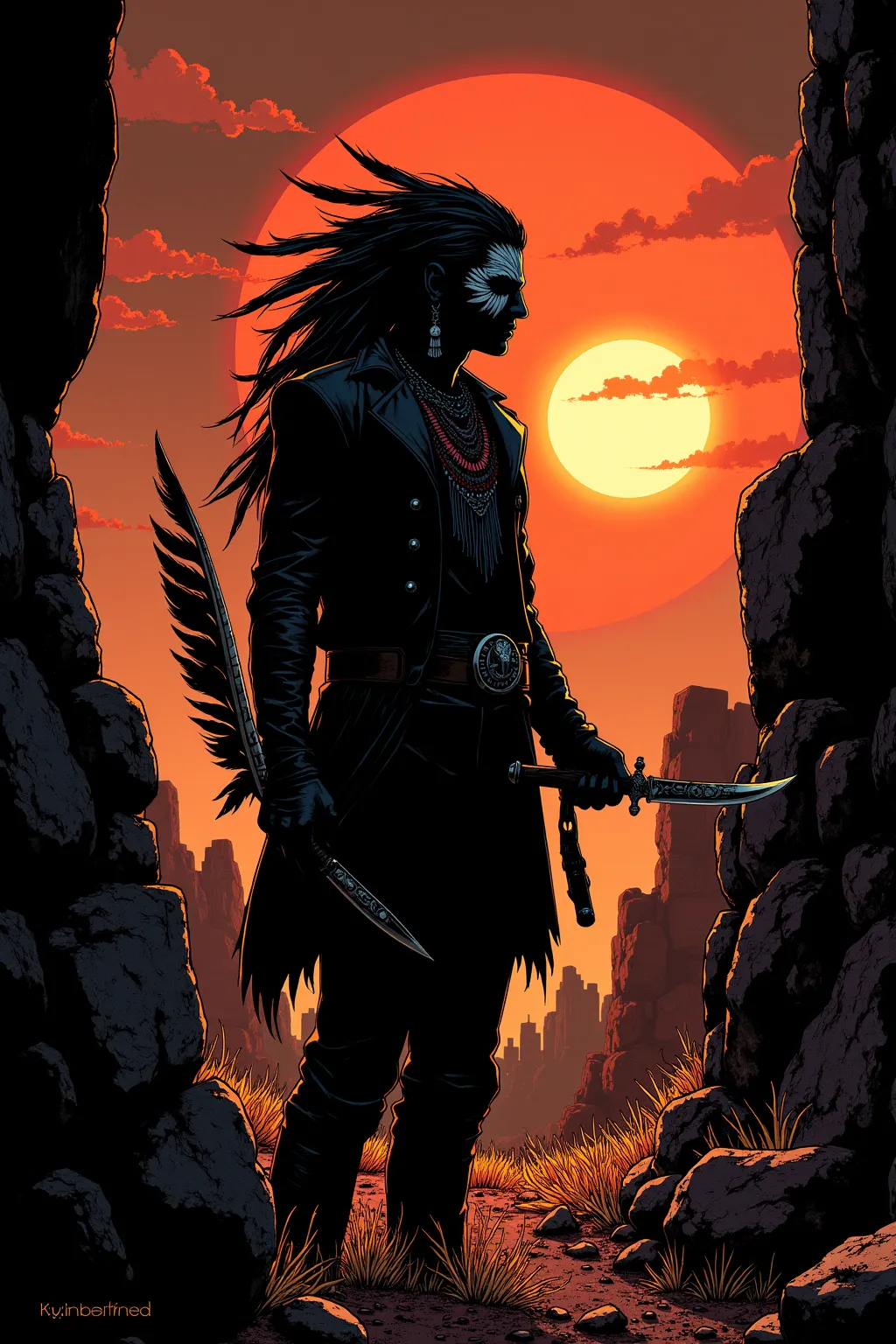  masterpiece, 8K cinematic comic style by Milo Manara, "Create a cover of Blueberry-style western with the silhouette of Tomahawk Blackwood against a dramatic sunset. "Create a spooky cover illustration in dark sepia tones, showing a shady figure with trib...