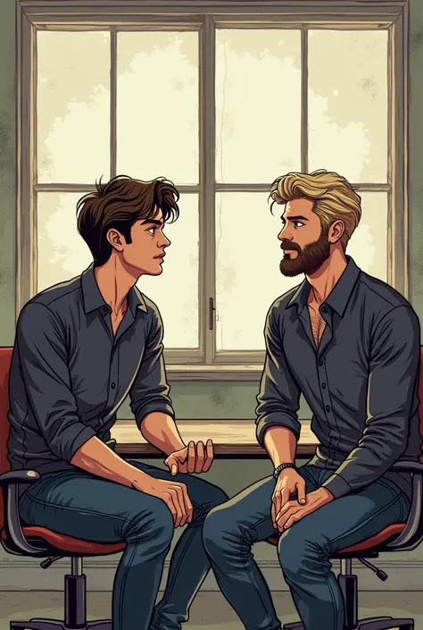 digital illustration, semi-realistic line art, Modern comic book style of a couple of friends in a New York style office with large windows sitting quietly chatting .Liam is a man of attractive and manly appearance, with naturally disheveled dark brown hai...