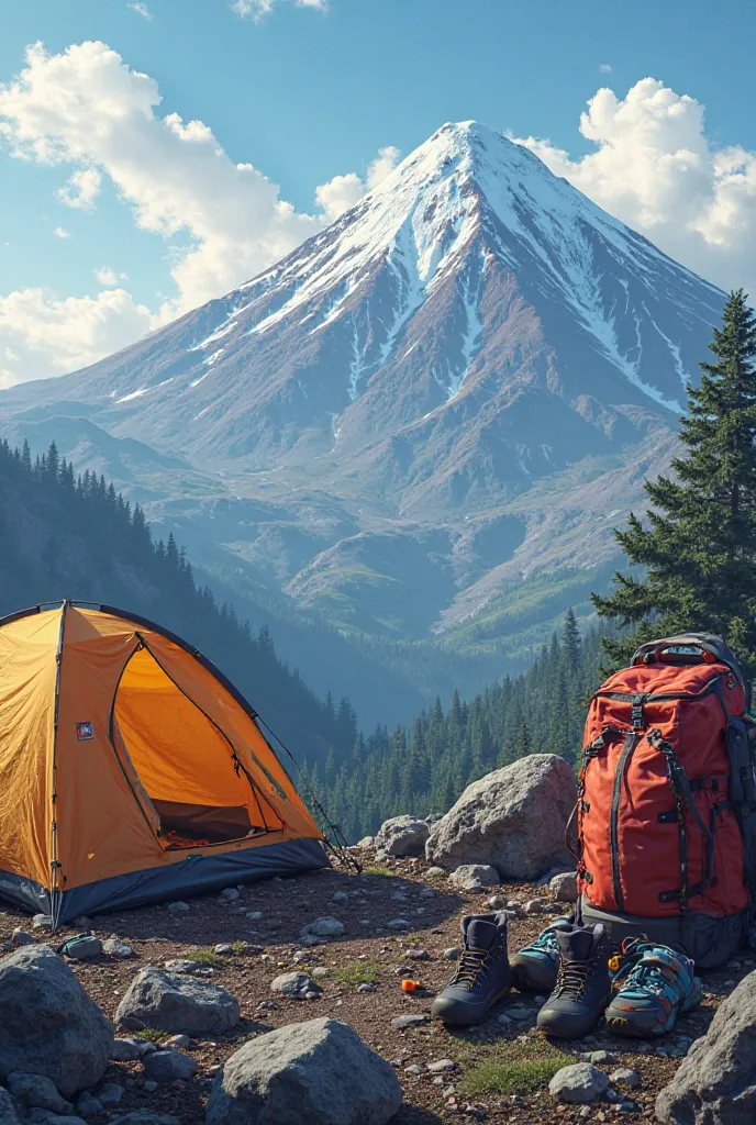 Tajumulco volcano in the background, with climbing shoes, a tent and a backpack for camping, with the motto: climbing for camping on March 22 and 23