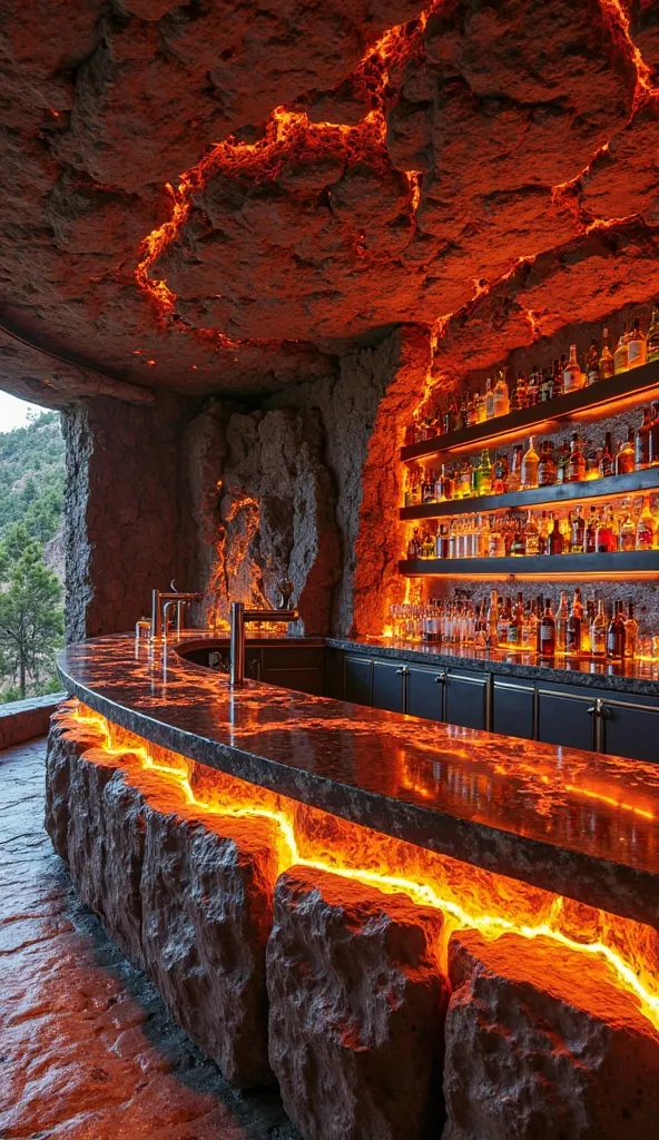 A futuristic bar in a 200-square-meter house made of molten lava material. The walls are solidified volcanic rock with glowing lava veins, casting a warm, fiery glow. The bar counter is sleek, polished obsidian with molten lava edges that emit a soft, puls...