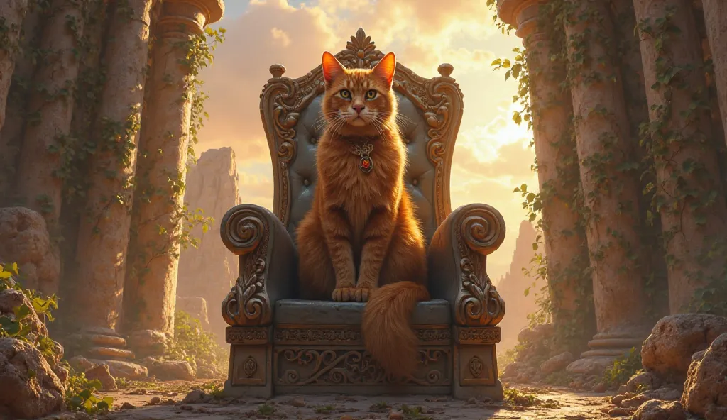 Cat sitting on a throne in ruins