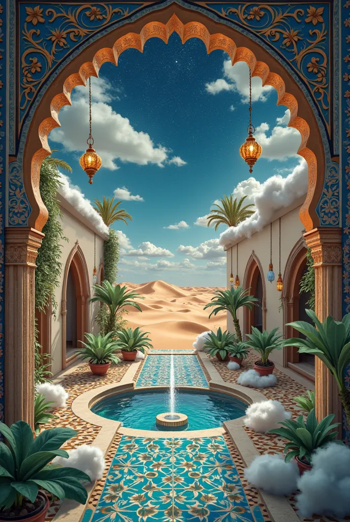 A surreal Moroccan-inspired design featuring a floating riad courtyard suspended in the clouds, with a central fountain flowing into a starry sky. The courtyard is adorned with intricate Zellige tile patterns in glowing cobalt blue, emerald green, and gold...