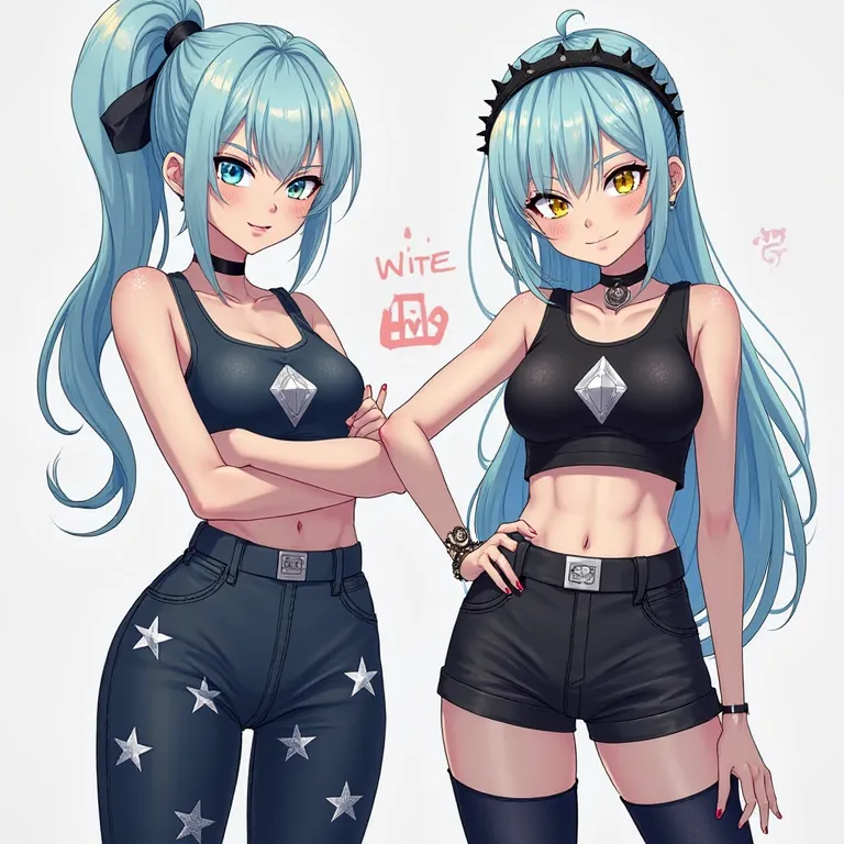 Character 1: Turquoise Hair Girl

Hair: long ponytail turquoise, tied back with a black spiked headband.

Eyes: Dark blue pupil eyes with yellow sclera, giving her a sharp, intense gaze.

Outfit: Black sleeveless crop top with a silver diamond emblem in th...